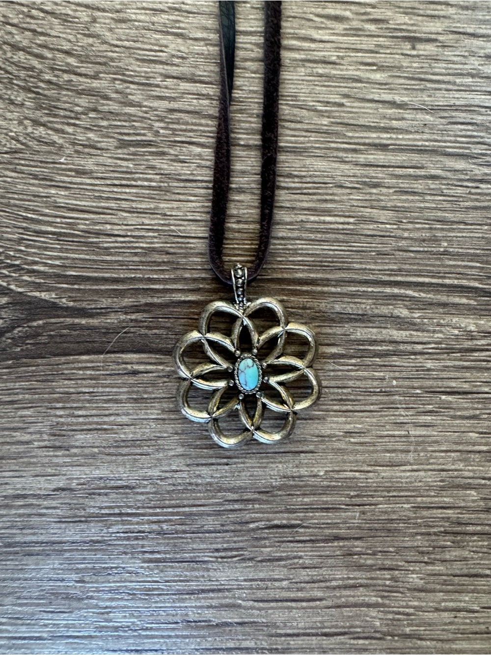 ⭐️NWT⭐️ Lucky Brand Leather Cord Boho Necklace, Silver Turquoise Floral Pendant